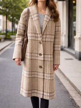 Old Navy Beige Plaid Button-Up Trench Coat